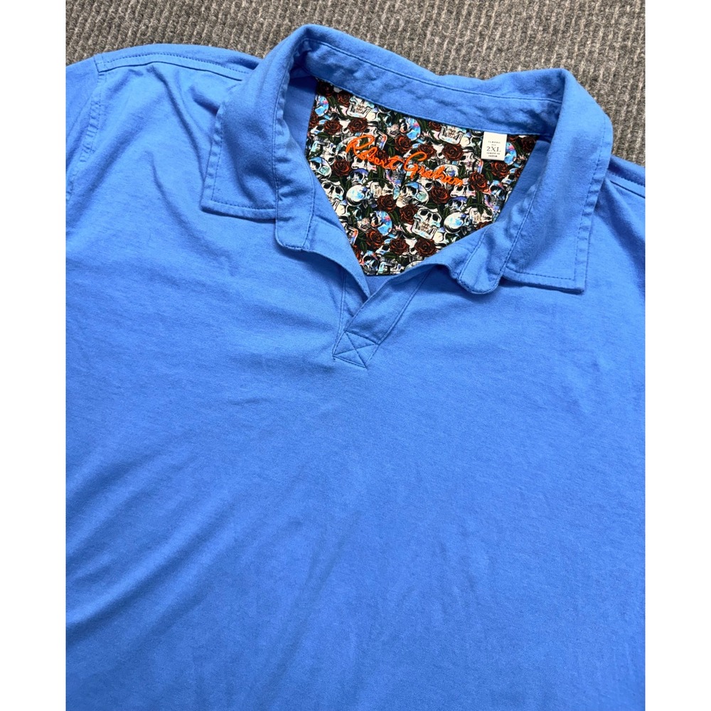 Robert Graham Mens 2XL Blue Skull Rose Floral Trim Short Sleeve Polo Shirt